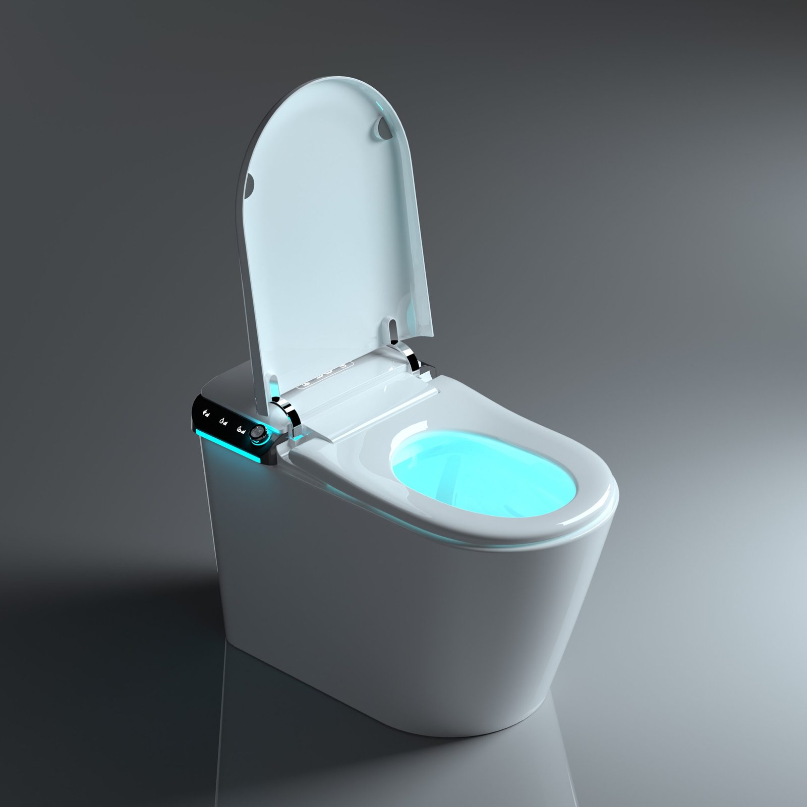 Staand Topversie Toilet met geopende verwarmde toiletzitting en nachtverlichting