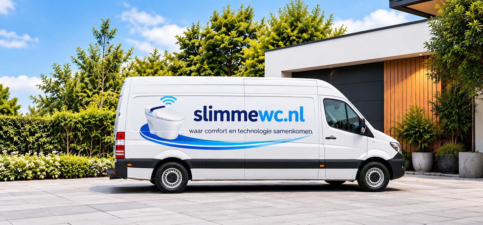 SlimmeWC bestelbus bij een moderne woning